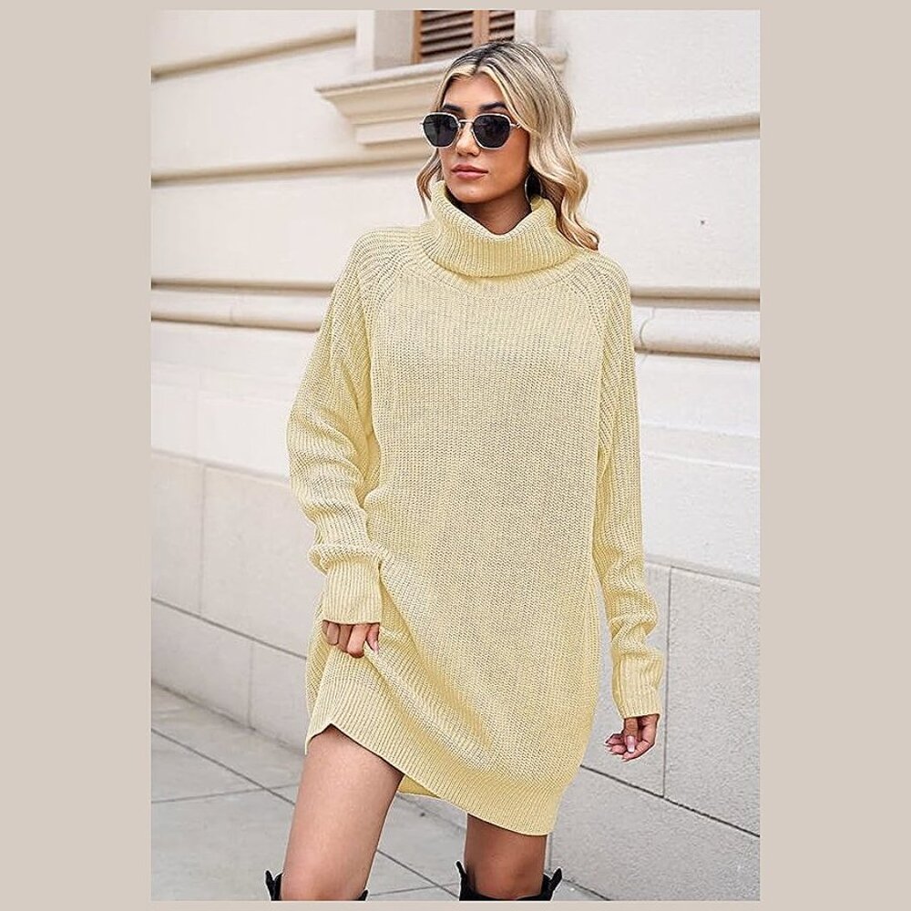 Women's Loose Turtleneck Oversize Long Pullover Sweater Dress Rouge Rose Pink - Picture 2 of 8